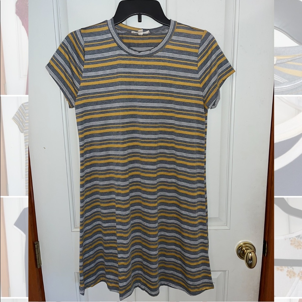 Grey, Yellow, and White Striped T-shirt Dress